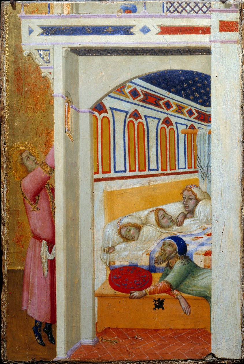 The Charity of St. Nicholas of Bari (eller St. Nicholas of Myra, 270-345). Nicolas får vite at en far ikke kan gi en medgift til sine tre små døtre, og kaster penger gjennom et vindu om natten. Maleri av Ambrogio Lorenzetti (v 1290 - 1 av Ambrogio Lorenzetti