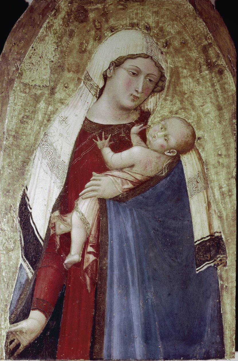 Jomfruen og Jesusbarnet, sentral del av en polyptisk (tempera på tre av Ambrogio Lorenzetti