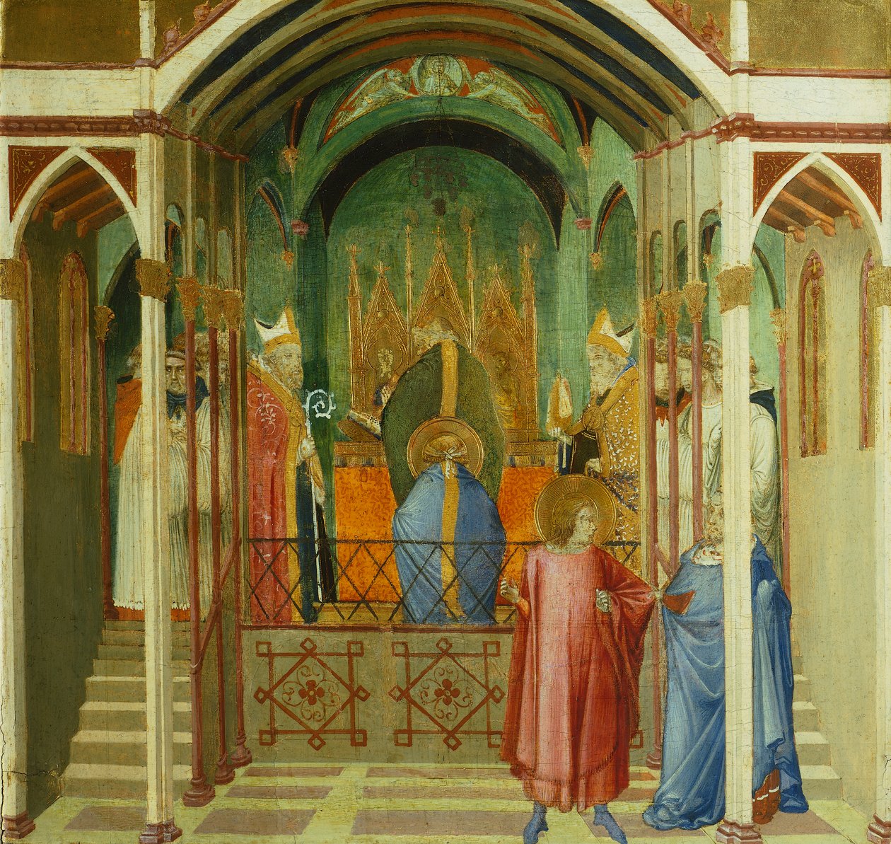 Innvielsen av St. Nicholas som biskop av Mira, detalj fra mirakler av St. Nicholas av Bari, av Ambrogio Lorenzetti (1290-ca 1348), tempera på tre av Ambrogio Lorenzetti