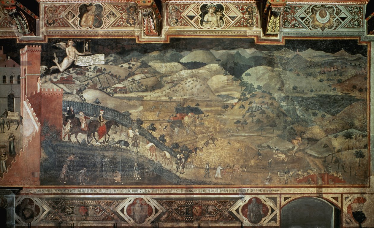 Landsbygda (detalj av Effektene av godt styresett i byer og på landsbygda) - Fresco av Ambrogio Lorenzetti (1285-1348?) , 390x810 cm av Ambrogio Lorenzetti