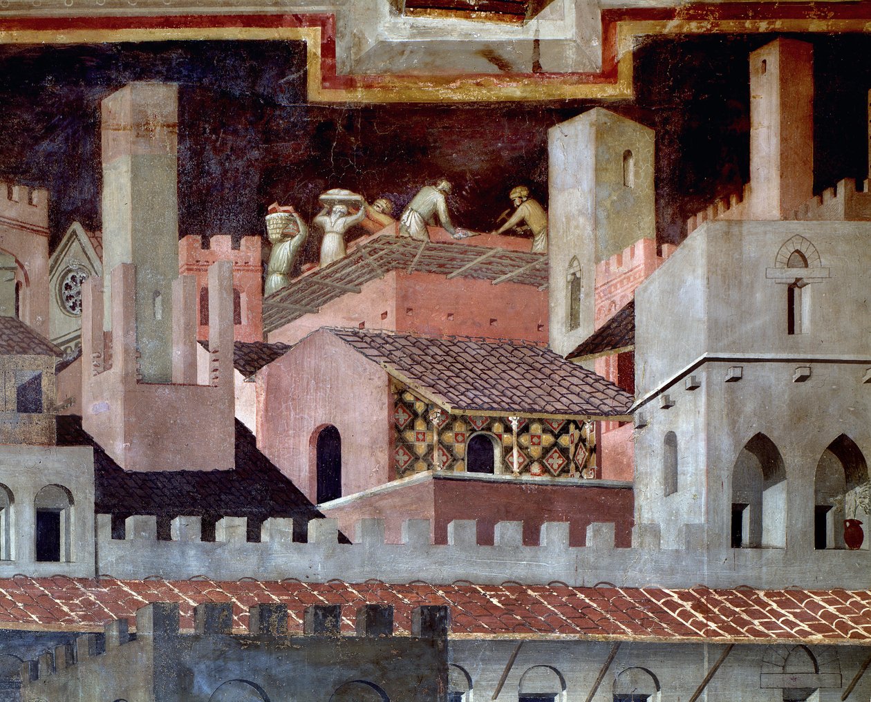 Effektene av god og dårlig regjering på byen og landet. Detalj av virkningene av god regjering i byen - 1338-1340, Fresco av Ambrogio Lorenzetti