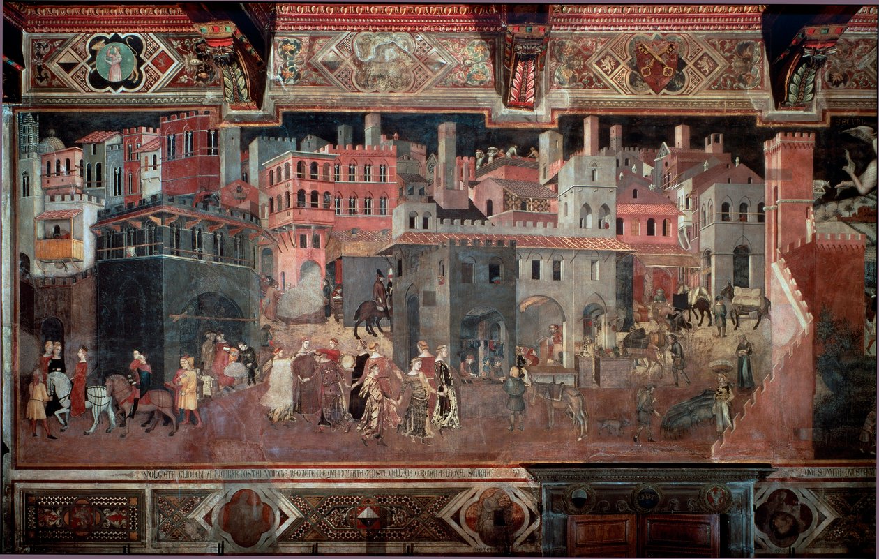 "Effektene av god og dårlig regjering på byen og landet." Detalj av byen. Fresco av Ambrogio Lorenzetti (1290-1348) av Ambrogio Lorenzetti