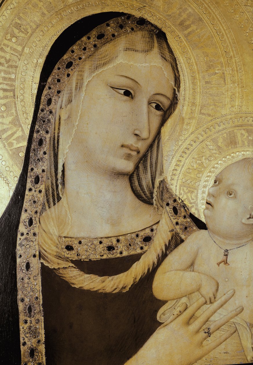 Jomfru og barn, detalj. Triptych of Saint Procureur (Tempera på tre av Ambrogio Lorenzetti