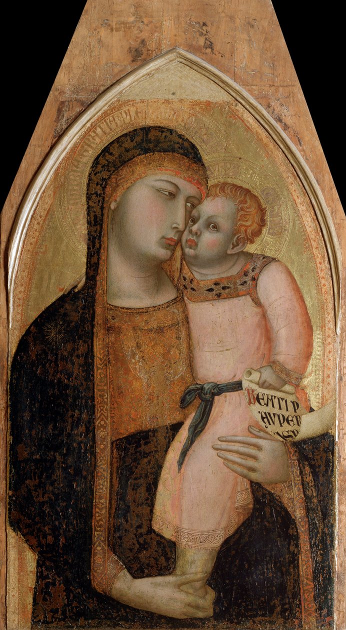 Jomfru med barn (sentralt panel av polyptyken) - tempera og gull på panel av Ambrogio Lorenzetti