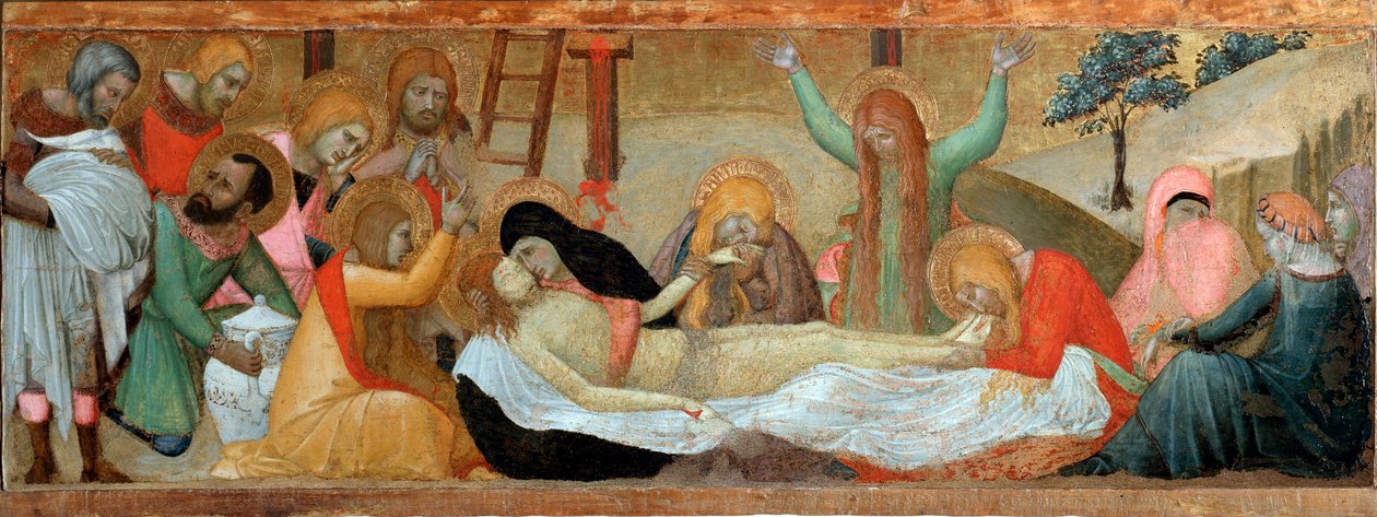 Pieta (Predella av polyptiken Jomfru og barn) - tempera og gull på panel av Ambrogio Lorenzetti