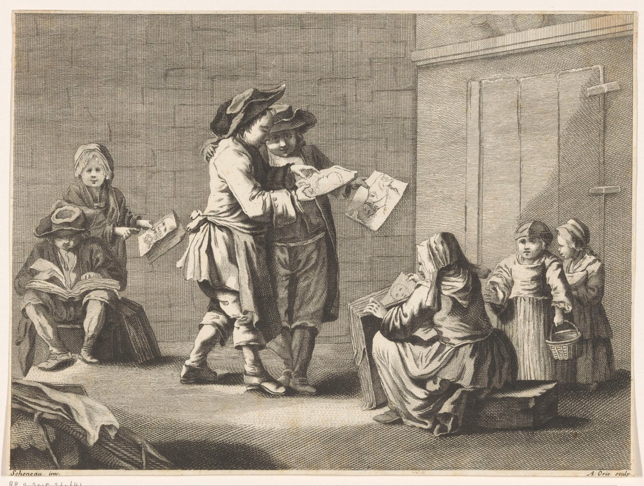 Fem menn og kvinner ser på bilder av Ambrogio Orio