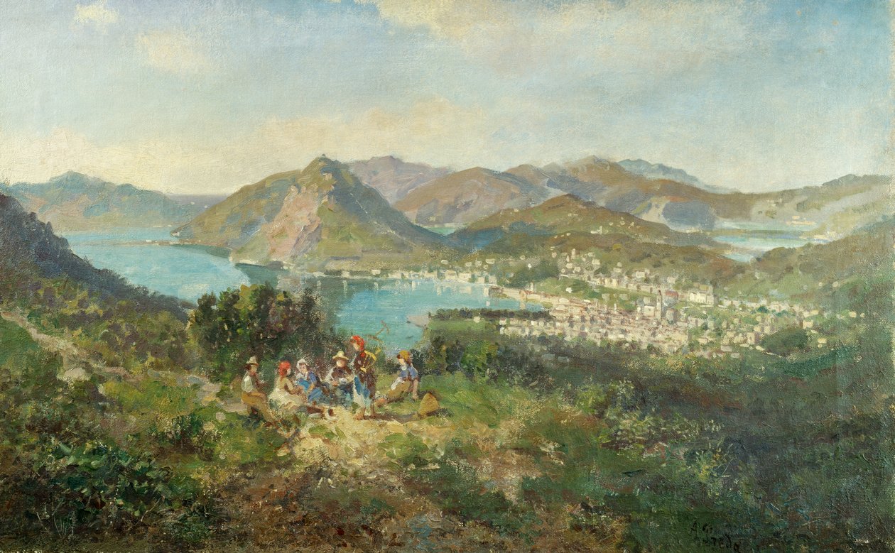 Lugano sett fra Curreglia, av Ambrogio Preda (1839-1906), olje på lerret, 48x76 cm av Ambrogio Preda