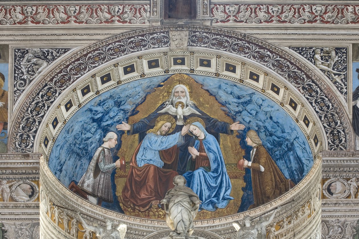 Kroningen av Jomfru Maria med Gud og Den Hellige Ånd mellom Francesco og Ludovico Sforza av Ambrogio da Fossano (c.1460 1523)