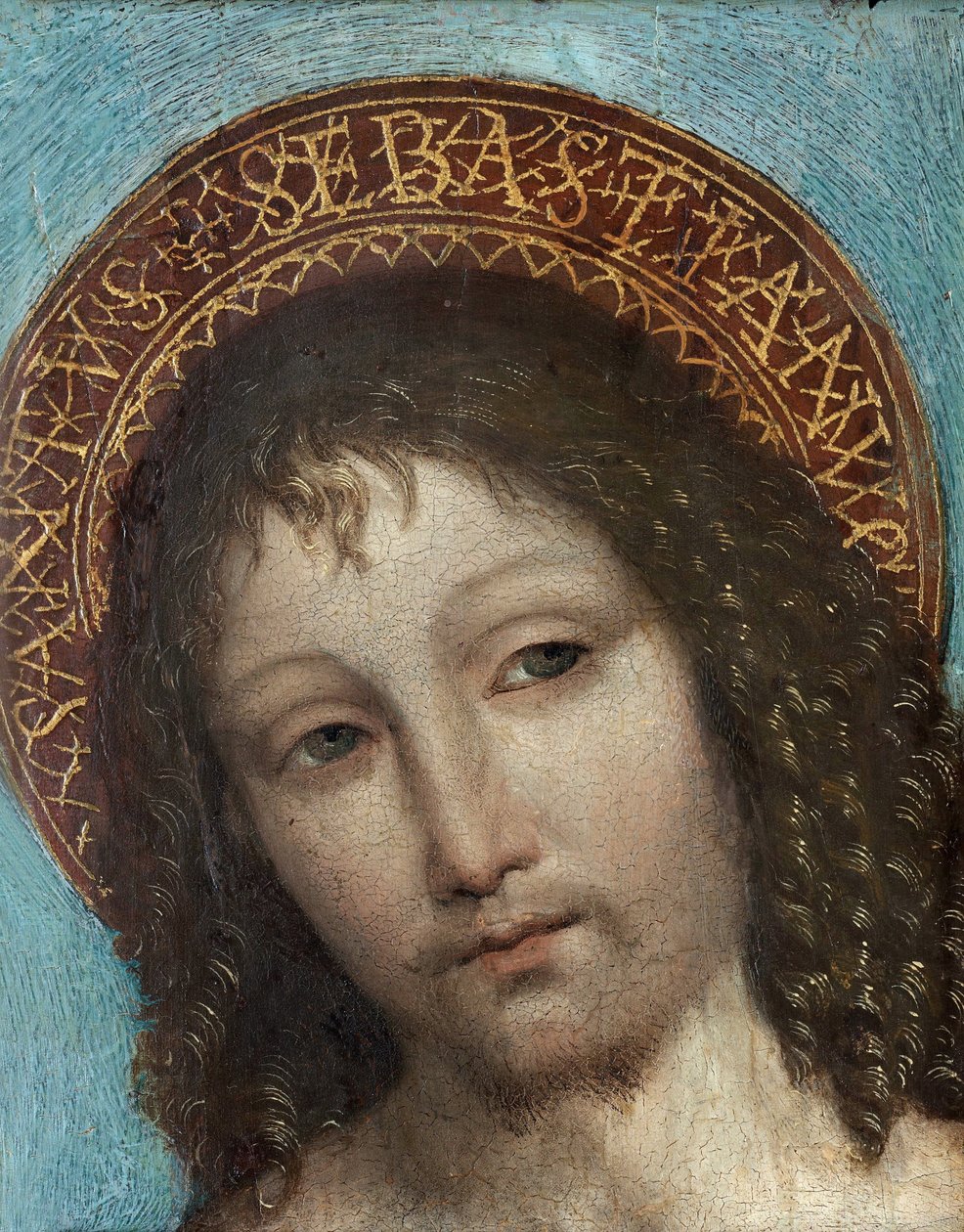Saint Sebastian - Maleri av Ambrogio Stefani da Fossano, dit il Bergognone eller Borgognone (Le Bouguignon) (1453-1523), olje på tre (23x18 cm) - Saint Sebastian, Olje på tre av Ambrogio Bergognone, slutten av 1400-begynnelsen av 1500-tallet - Privat samli av Ambrogio da Fossano (c.1460 1523)