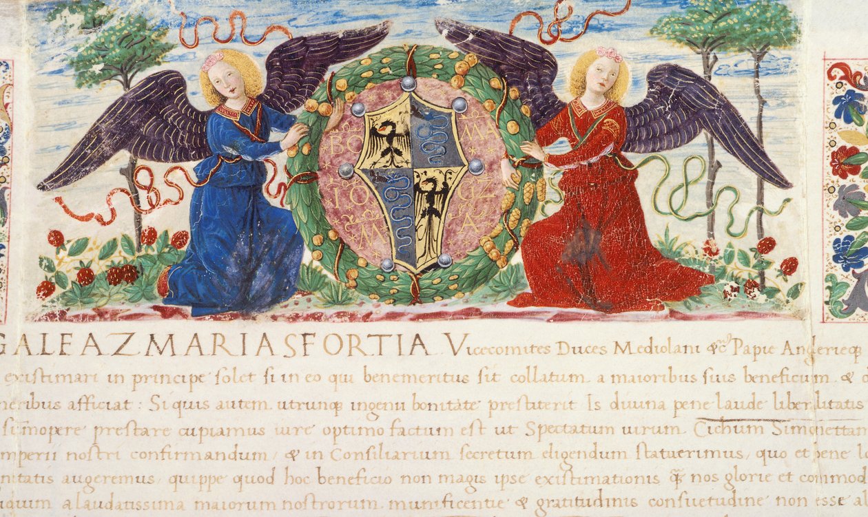 Engler som holder et skjold som viser et Sforza-våpenskjold, miniatyr av Ambrogio Bergognone fra et manuskript, Italia 1477. av Ambrogio da Fossano (c.1460 1523)