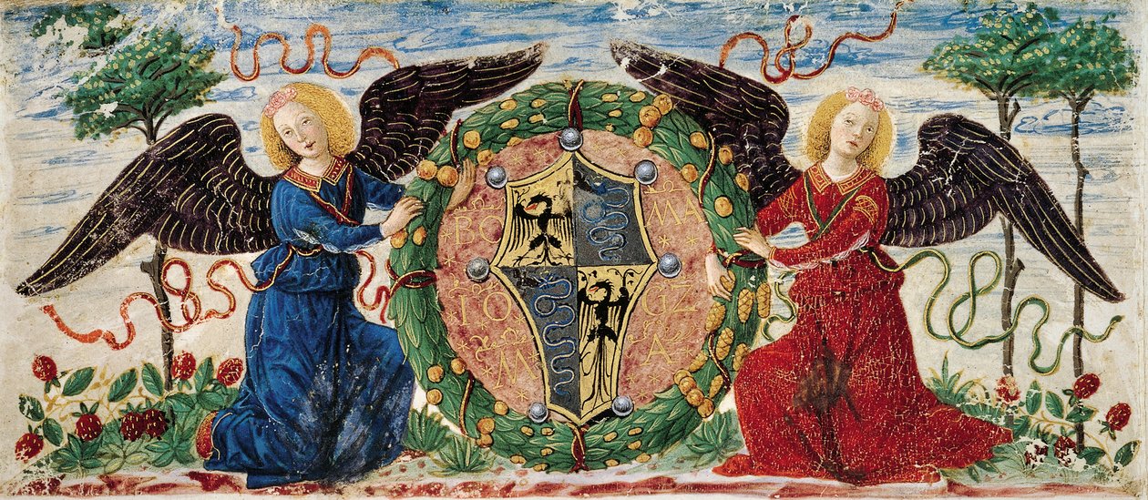 Engler som holder skjold som viser Sforza-våpenskjold, Burgund minipergament av Ambrogio da Fossano (c.1460 1523)
