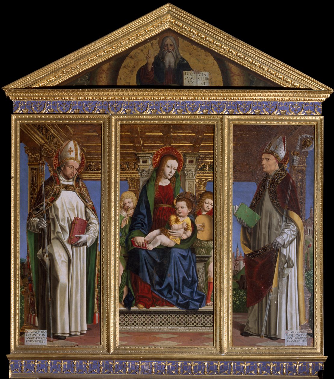 Jomfru og barn med de hellige Saint Hugh av Avalon (eller Hugh av Lincoln) (1140-1200) og Saint Hugh av Grenoble (eller Hugh av Chateauneuf) (1053-1132) Maleri av Ambrogio da Fossano dit il Bergognone (1481-1522) Cathedrale Saint Just, Susa, Torino av Ambrogio da Fossano (c.1460 1523)