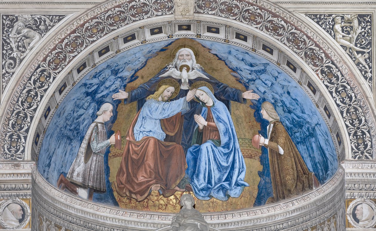 Kroningen av Jomfru Maria med Gud og Den Hellige Ånd mellom Francesco og Ludovico Sforza, 1500-1522 av Ambrogio da Fossano