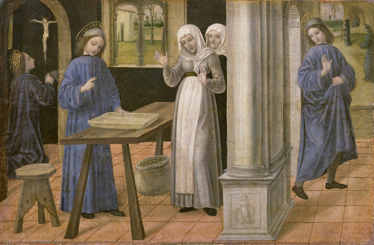 The Prayer, The Miracle of the Sieve and the Departure for Subiaco, predella panel fra en altertavle som viser scener fra St. Benedicts liv, 1488-95 av Ambrogio da Fossano