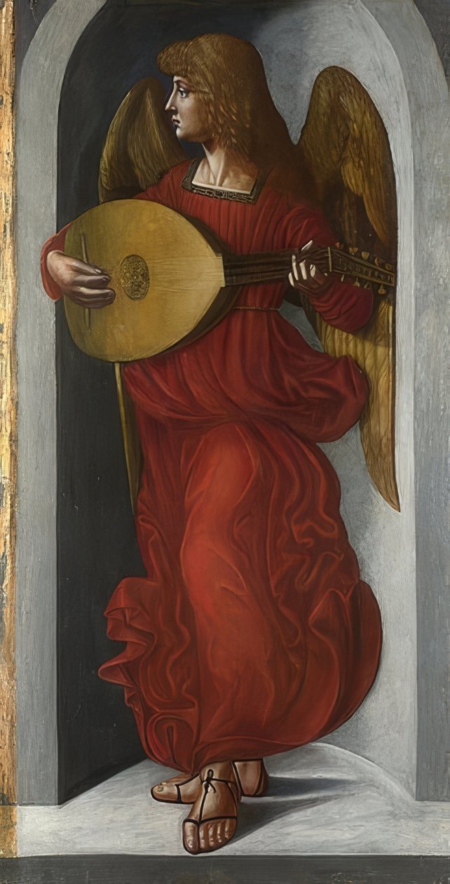 En engel i rødt med en lutt (vingen til alteret i San Francesco, Milano). Rundt 1495-99 av Ambrogio de Predis