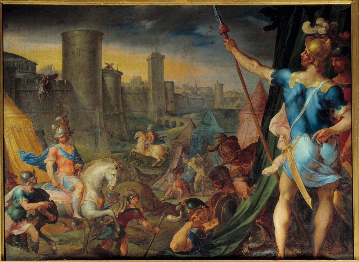 Croisenes leir foran Jerusalem Fra serien "" Histoire de Tancrede et de Clorinde"" som illustrerer "" La jerusalem delibree""" av poeten Le Tasse (Il tasso) Maleri av Ambroise Dubois (1542-1614) Søn . 1,62 x 2,15 m Fontainebleau. Borg av Ambroise Dubois