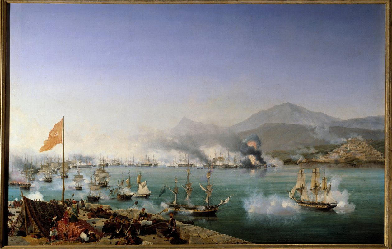 Gresk uavhengighetskrig: “” Utsikt over Navarins sjøslag 20.10.1827”” Det fant sted i Navarinbukta (Pylos, vestlige Peloponnes) mellom den osmanske flåten og en fransk-anglo-russisk flåte. Maleri av Ambroise Louis Garneray (1783-1857) 1831 Søn. 1,79 x av Ambroise Louis Garneray