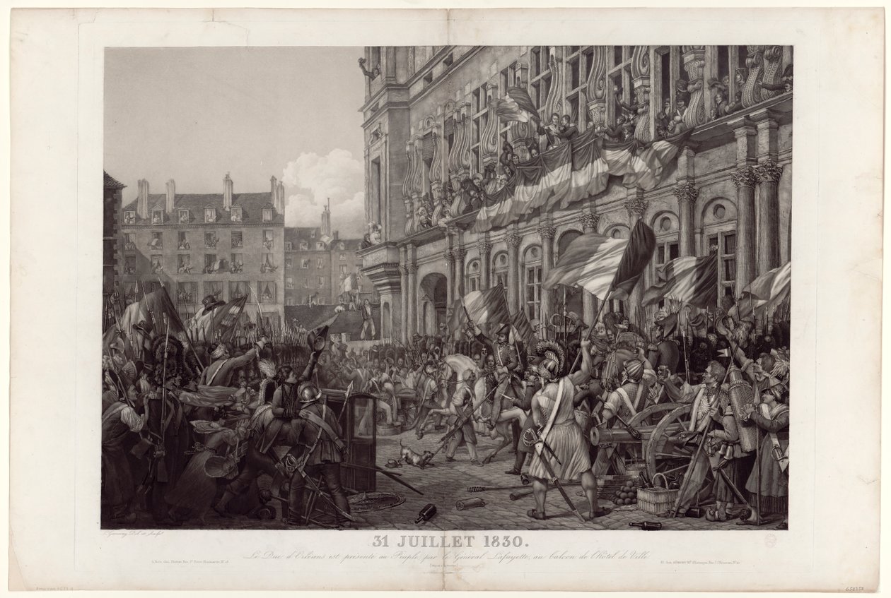 Hertugen av Orleans ble presentert for folket av general La Fayette på balkongen til Hôtel de Ville 31. juli 1830. av Ambroise-Louis Garneray
