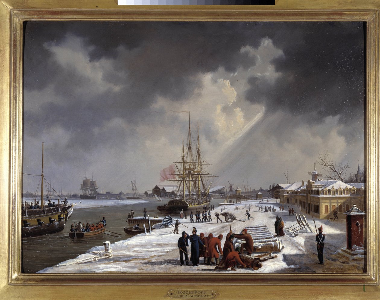 Le port de Rochefort av Louis Garneray, sd. ca 1820, Olje på lerret, H. 0,330; L. 0,460. CCIP Coll. av Ambroise Louis Garneray
