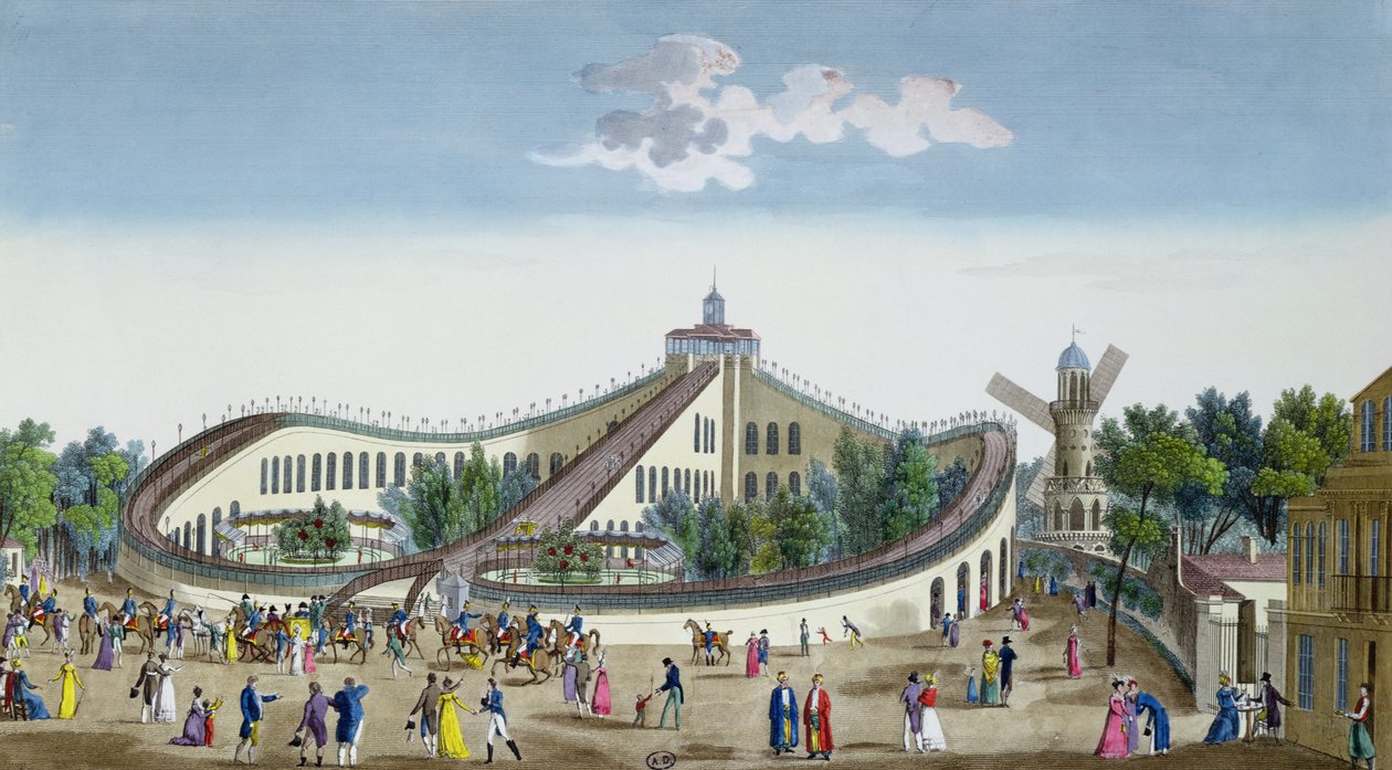Promenades Aeriennes, Jardin Baujon, hedret av Hennes Majestets tilstedeværelse, 2. august 1817, ca. 1817 (fargegravering) av Ambroise Louis Garneray