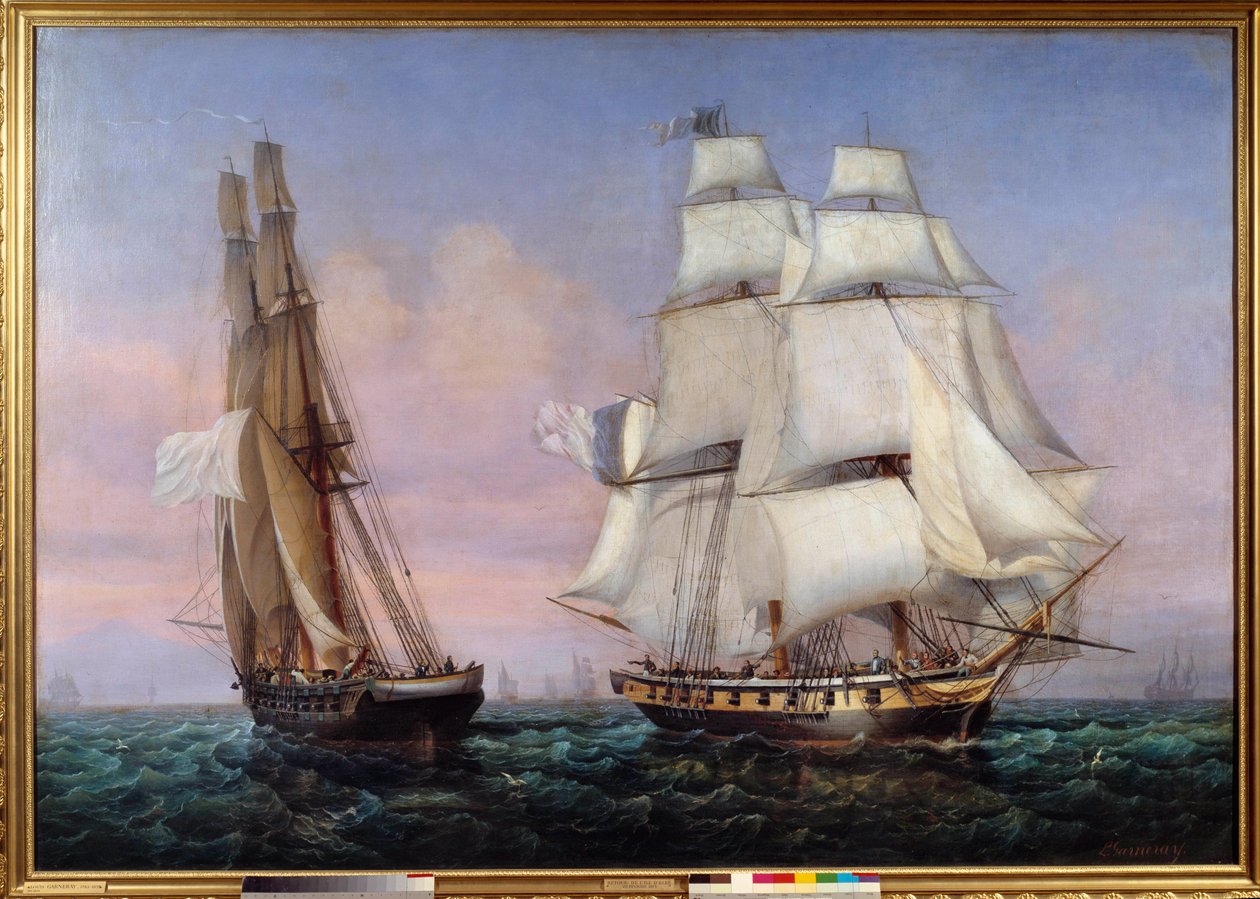 Retur fra øya Elba 28/02/1815 Napoleon I (1769-1821) ombord på skipet "" The inconstant""" krysser "" Zephyr""". Maleri av Ambroise Louis Garneray (1783-1857) 1837 Søn. 1,87x2,27 m av Ambroise Louis Garneray