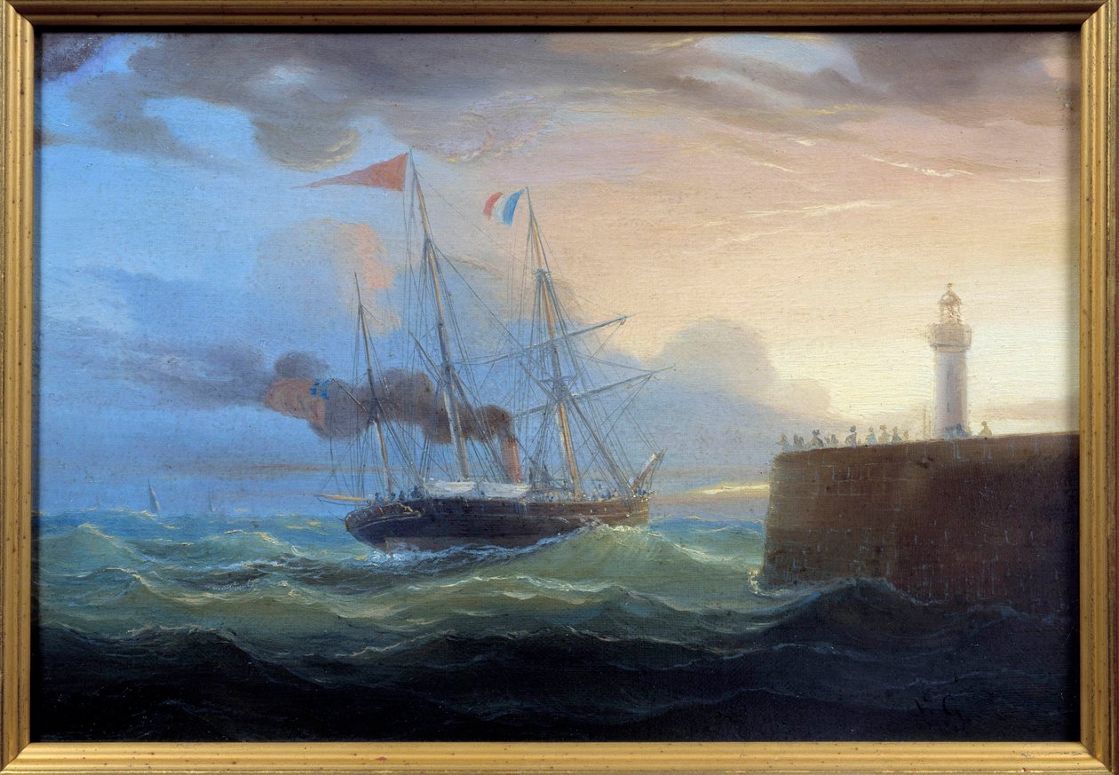 Steam Outgoing the Harbour Maleri av Louis Garneray (1783-1857) Fecamp fra 1800-tallet, Museum of the Newfoundland av Ambroise Louis Garneray
