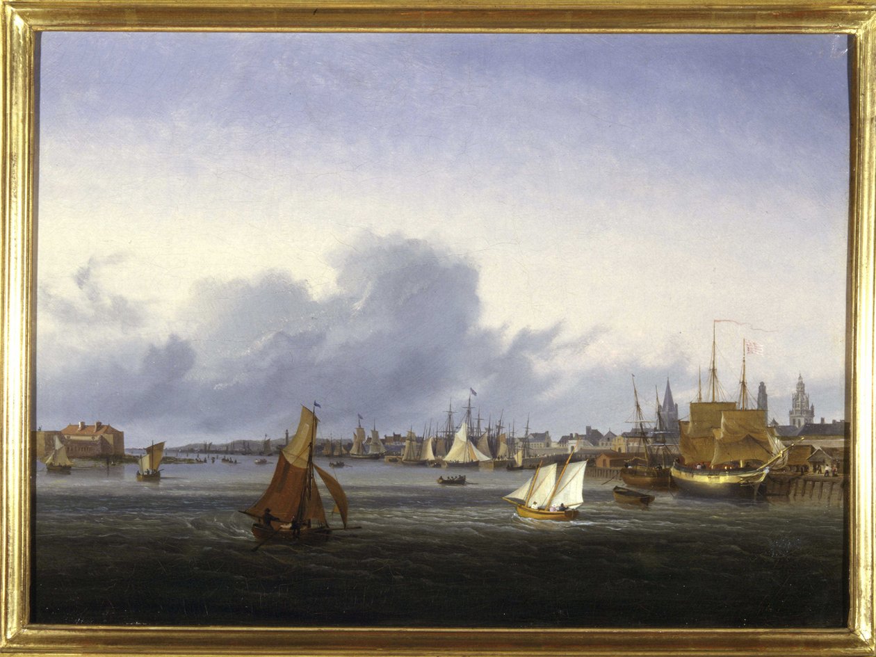 The Port of Calais av Louis Garneray, sd. ca 1820, Olje på lerret, H. 0,330; L. 0,460. CCIP Coll. av Ambroise Louis Garneray