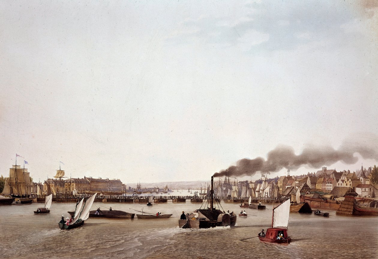 Utsikt over elvetrafikken på Seinen til Rouen. Akvarell av Ambroise Louis Garneray (1783-1857) Paris fra 1800-tallet, B.N. av Ambroise Louis Garneray
