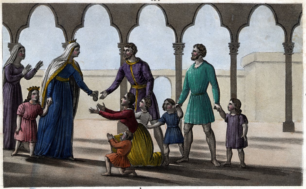 Batilde (eller Bathilde, kone til Clovis II) avskaffer en dyr hyllest som gallerne betalte per hode, liten og stor. - Chelles Abbey. Designet og gravert av Ambroise Tardieu i 1825. av Ambroise Tardieu