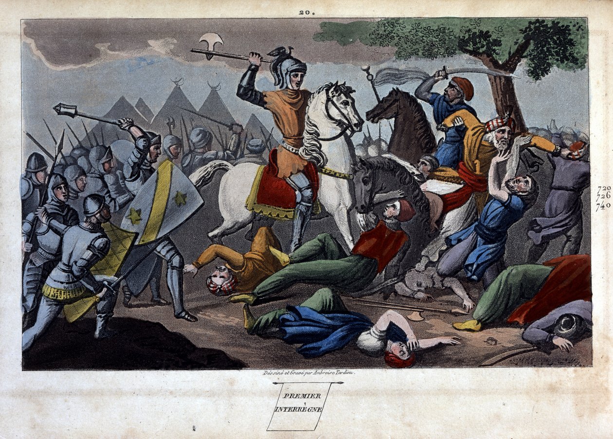 Slaget ved Poitiers: Charles Martel beseiret mellom Tours og Poitiers Abd al-Rahman I eller Abderamane I (Abd al-Rahman) (731-788), konge av Saracens i 732 - Designet og gravert av Ambrose Tardieu i 1825. av Ambroise Tardieu
