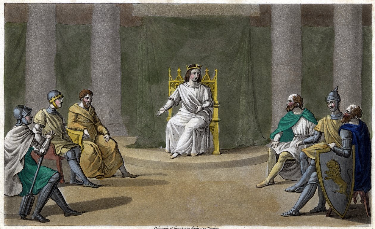 Caribert or Chérebert, king of Paris (561 - 567), holding counsel, where he gave justice. Designed and engraved by Ambroise Tardieu in 1825. av Ambroise Tardieu