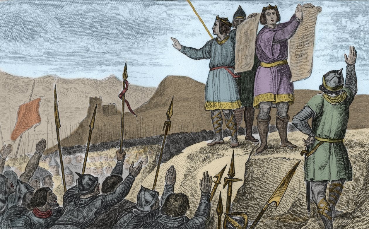 Charles II (823-77) the Bald and his brother Louis the German make treaty at Strasbourg in 842 - Oaths of Strasbourg pronounced by Charles II the Bald (823-877), King of France and Emperor of the West, and Louis the Germanique, February 14, 842 - Engraving av Ambroise Tardieu