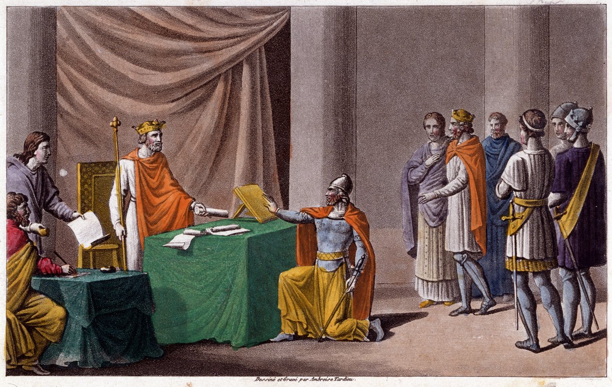 Karl II den skallede (823 - 877) undertegnet Verdun-traktaten (843) med Ludvig II den germanske (804 - 876). Designet og gravert av Ambroise Tardieu i 1825. av Ambroise Tardieu