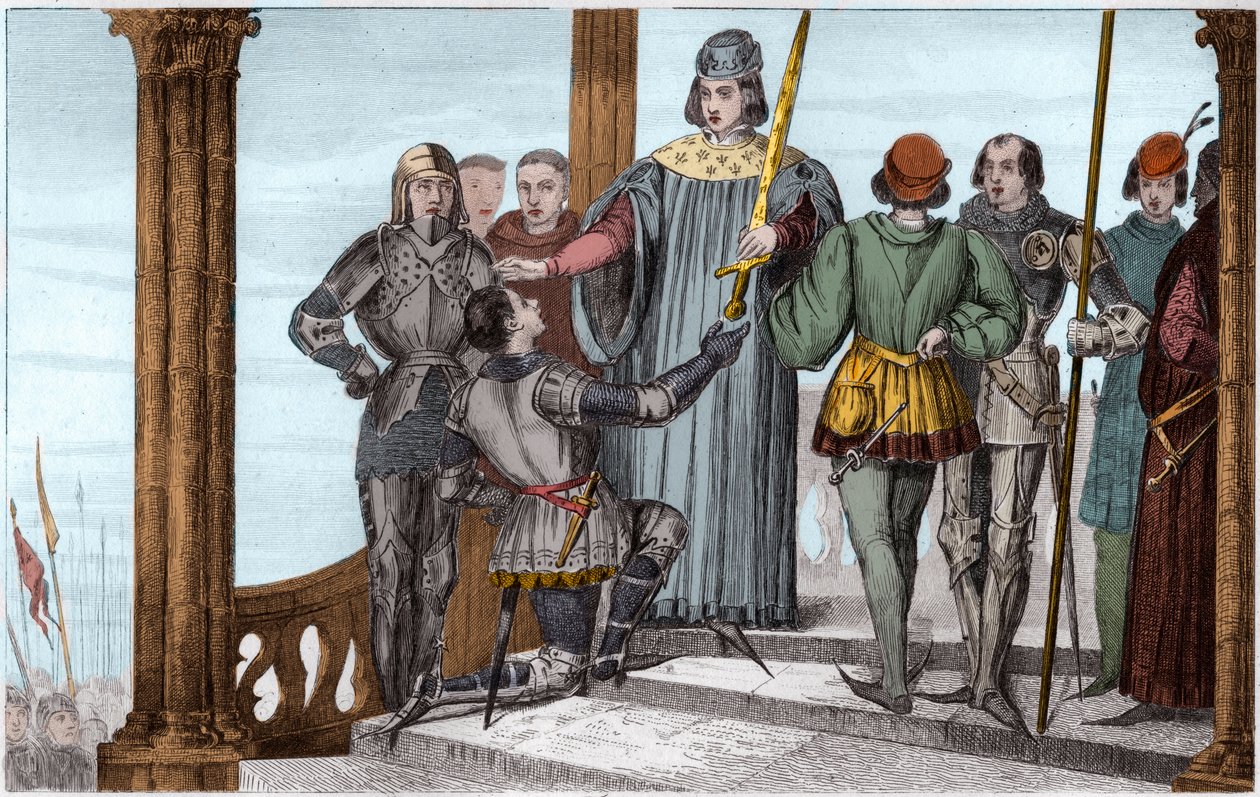Charles V (1358-80) den vise presenterer sverdet sitt til Duguesdin - Charles V Le sage (1338-1380) presenterer høytidelig sverdet til den konnetable Bertrand du Guesclin (1320-1380) - Gravering 1825 i "Histoire de France representert av synoptiske malerie av Ambroise Tardieu