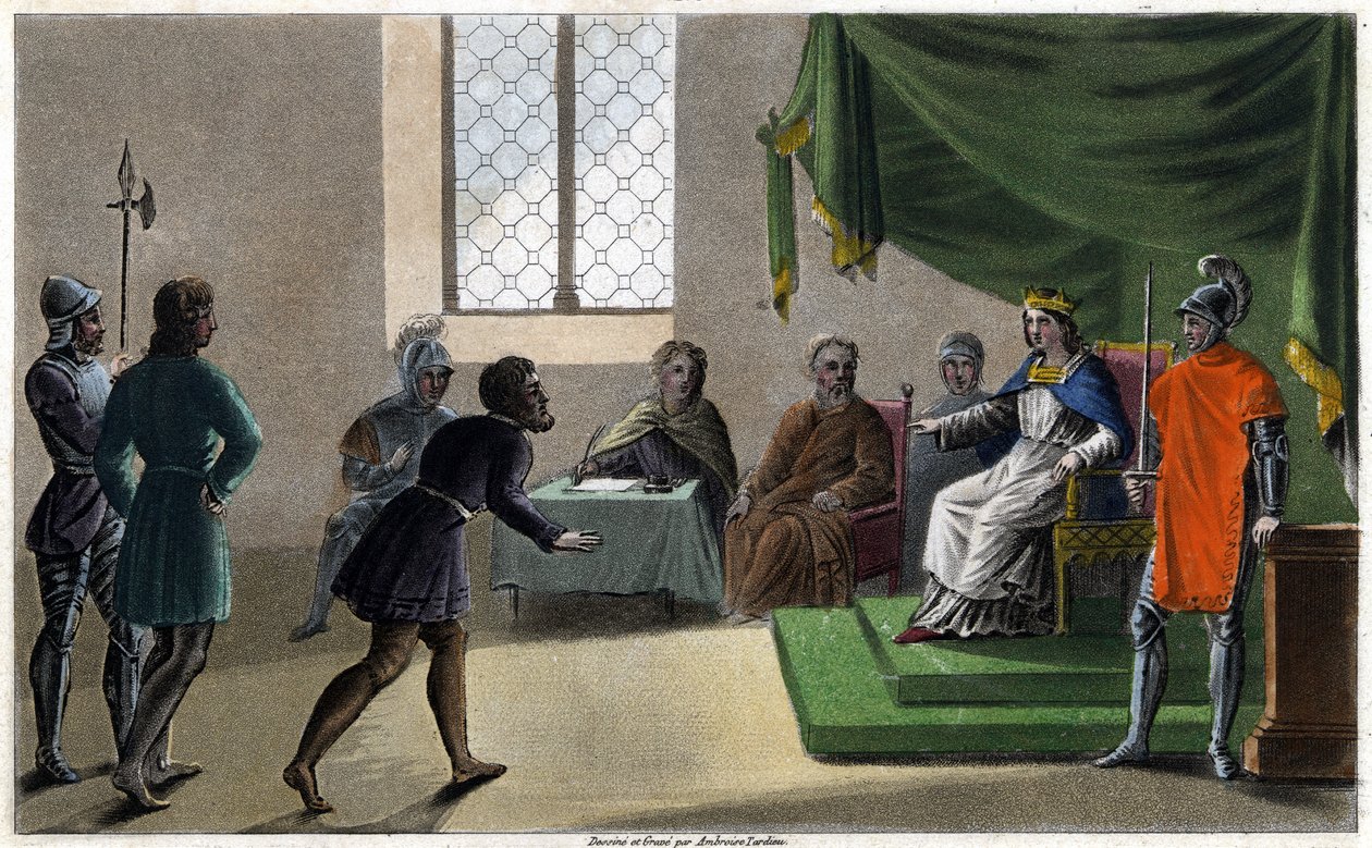 Childebert II den rettferdige yter rettferdighet til sine undersåtter (711). Designet og gravert av Ambroise Tardieu i 1825. av Ambroise Tardieu