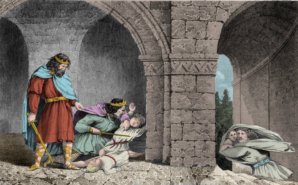 Childebert I (c498-558) ved mordet på hans brødres arvinger - Childebert I lot Clotaire (Clothaire) slakte barna til deres bror Clodomir, kongen av Orleans, hvis stater de deler - Gravering av 1825 i "Histoire de France representert av synopti av Ambroise Tardieu