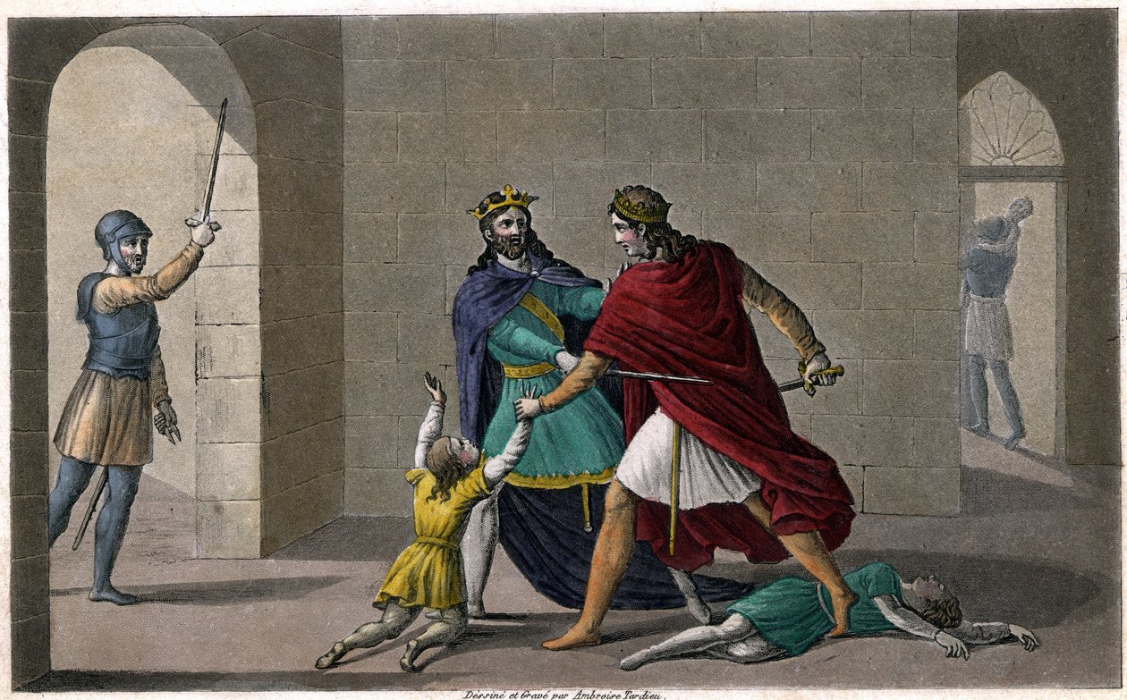 Childebert I lot Clotaire (Clothaire) slakte barna til deres bror Clodomir, kongen av Orleans, hvis stater de deler. Designet og gravert av Ambroise Tardieu i 1825. av Ambroise Tardieu