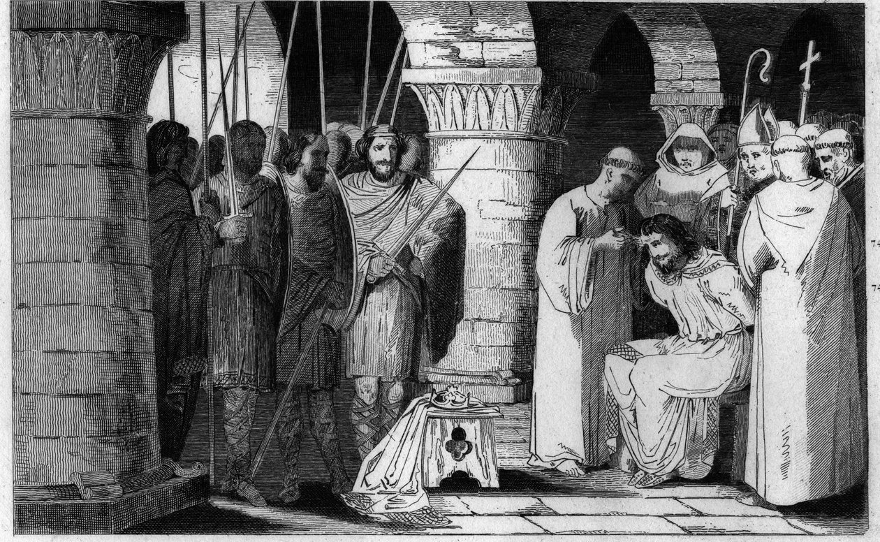 Childeric III (714-751) er detronisert og begrenset til et kloster - Childeric III detroner og innelukket av Pepin le Brit i et kloster i Saint Omer mellom 742-749 - Gravering av 1825 i "Histoire de France representert av synoptiske malerier dediee til c av Ambroise Tardieu