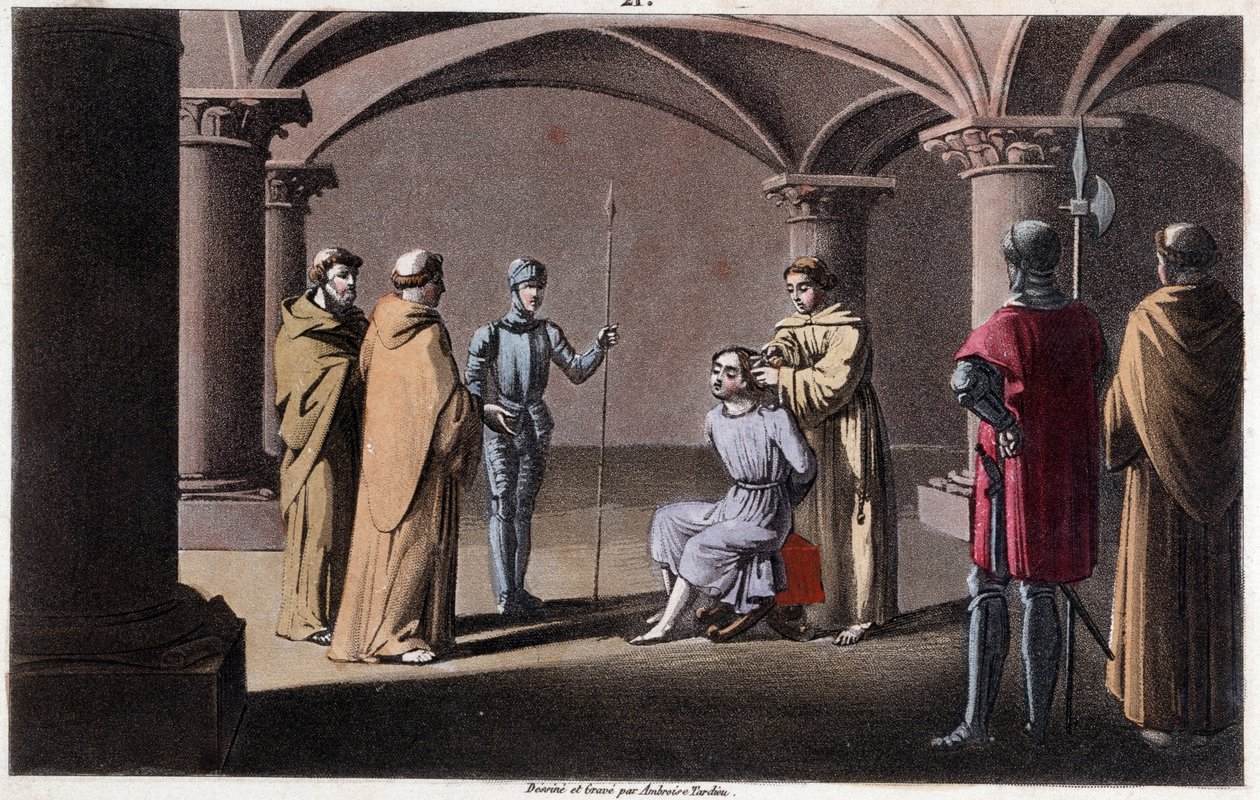 Childeric III detronerer og omslutter av Pepin le Brief i et kloster i Saint Omer mellom 742 og 749. Tegninger og grav av Ambroise Tardieu i 1825. av Ambroise Tardieu
