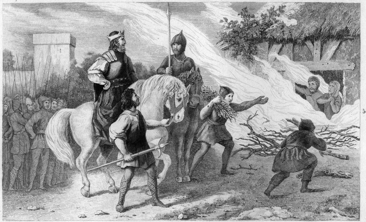 Chlothar I (497-561) burns his rebellious son and family, 560 - Clotaire (Clothaire) I (497-561), King of the Francs, burns his son Chramne (Chram, Chramn) and his wife in 560, who revolted against him - Engraving 1825 in “Histoire de France represented by av Ambroise Tardieu