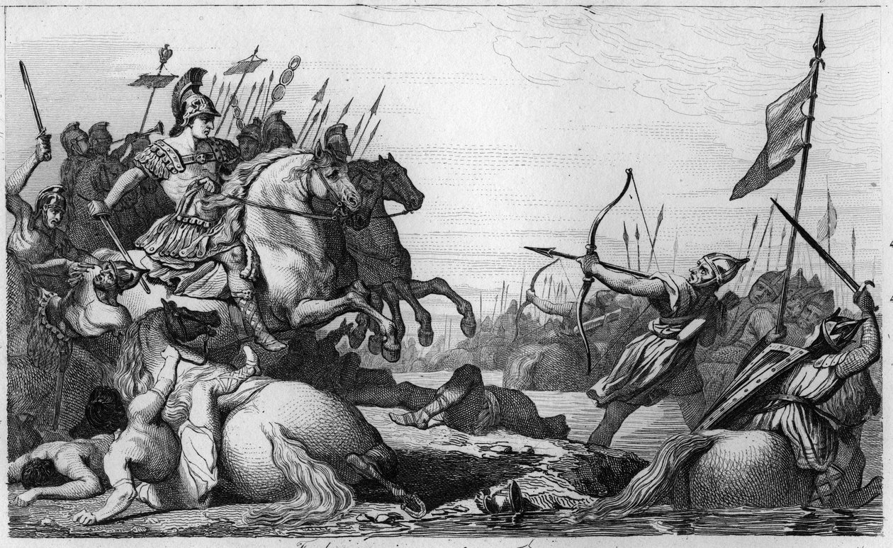Clodion, The Hairy (c428-47) trekker seg tilbake over broen etter hans nederlag mot Aetius - Clodion dit "" Le Chevelu"" (ca. 428-ca. 448), stamfar til merovinger, leder av Salians Francs - Clodion er beseiret av Aetius, general av Valentinien III, som av Ambroise Tardieu