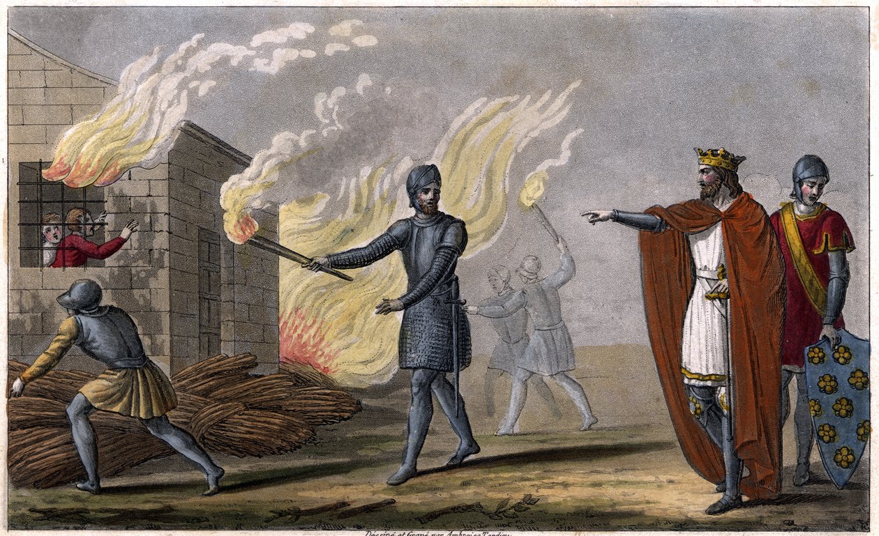 Clotaire (Clothaire) I (497 - 561) brenner sønnen Chramne i en hytte, gjør opprør mot ham - Reign of Clotaire. Clotaire brant i en hytte sønnen hans Chramne gjorde opprør mot ham - Dessine et grave av Ambroise Tardieu i 1825. av Ambroise Tardieu