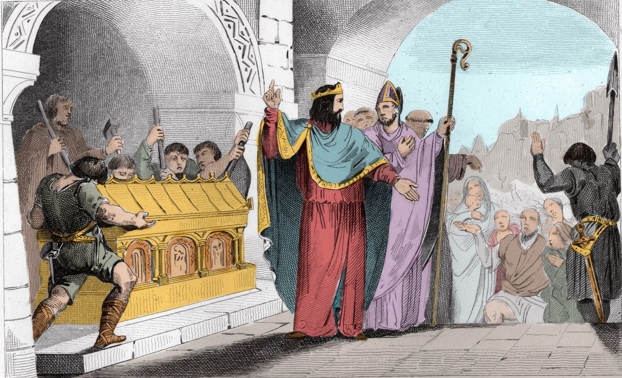 Clovis II (635-657) Selger sølv og gull fra helligdommen for å mate de fattige - Clovis II dit "" le Faineant"" for å mate de fattige gjorde at gull- og sølvbladene ble fjernet fra kirken Saint-Denis - Gravering 1825 i «Histoire de France representert ved  av Ambroise Tardieu