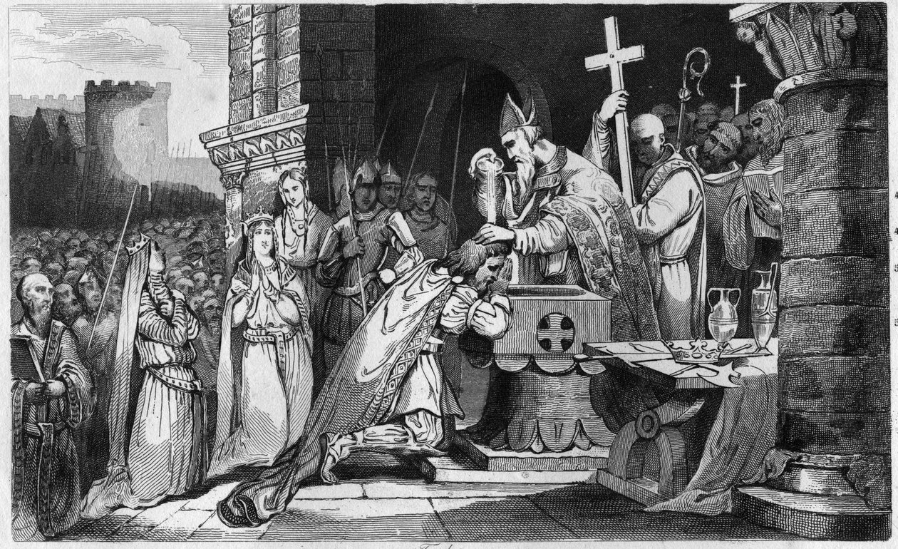 Clovis I (465-511) Baptised with Men from his Army before the Battle of Tolbiac - Bapteme of Clovis 1st, 25th December 496: le roi des Francs (466-511) is baptized by Saint Remi (437-533), eveque of Reims, in Saint Martin Church - Engraving 1825 in “Histoi av Ambroise Tardieu