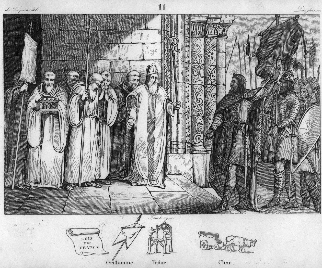 Dagobert 603 til 639 tar ned banneret ved St Denis - Dagobert I, kongen av frankene, etter å ha opprettet klosteret Saint-Denis, har oriflamen deponert der rundt 634 - Gravering av 1825 i "Histoire de France representert ved synoptiske malerier dedie" av Ambroise Tardieu