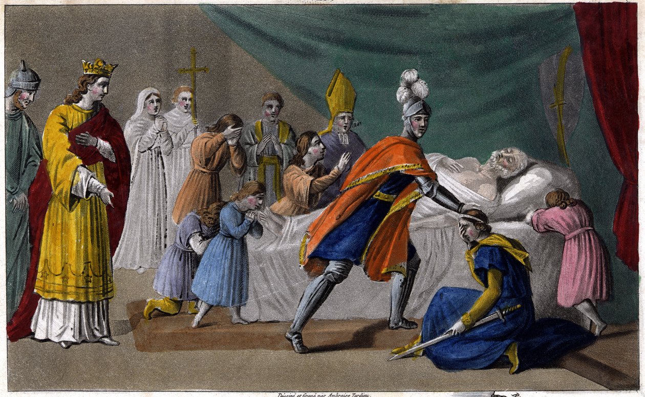 Død av Pepin av Herstal (635-714) omgitt av sin familie - Død av Pepin de Herstal (bestefar til Pepin le Brief), omgitt av sin familie og i nærvær av Dagobert III (714) - Tegn og grav av Ambroise Tardieu i 1825 av Ambroise Tardieu