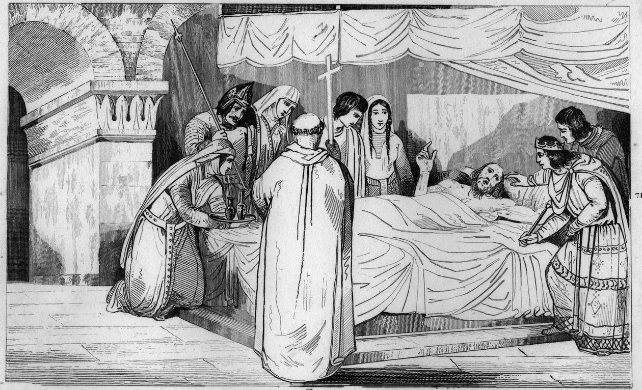 Death of Pepin of Herstal (635-714) surrounded by his family - Death of Pepin de Herstal (grandfather of Pepin le Brief), surrounds his family and in the presence of Dagobert III (in 714) - Engraving 1825 in “Histoire de France represented by synoptic pain av Ambroise Tardieu