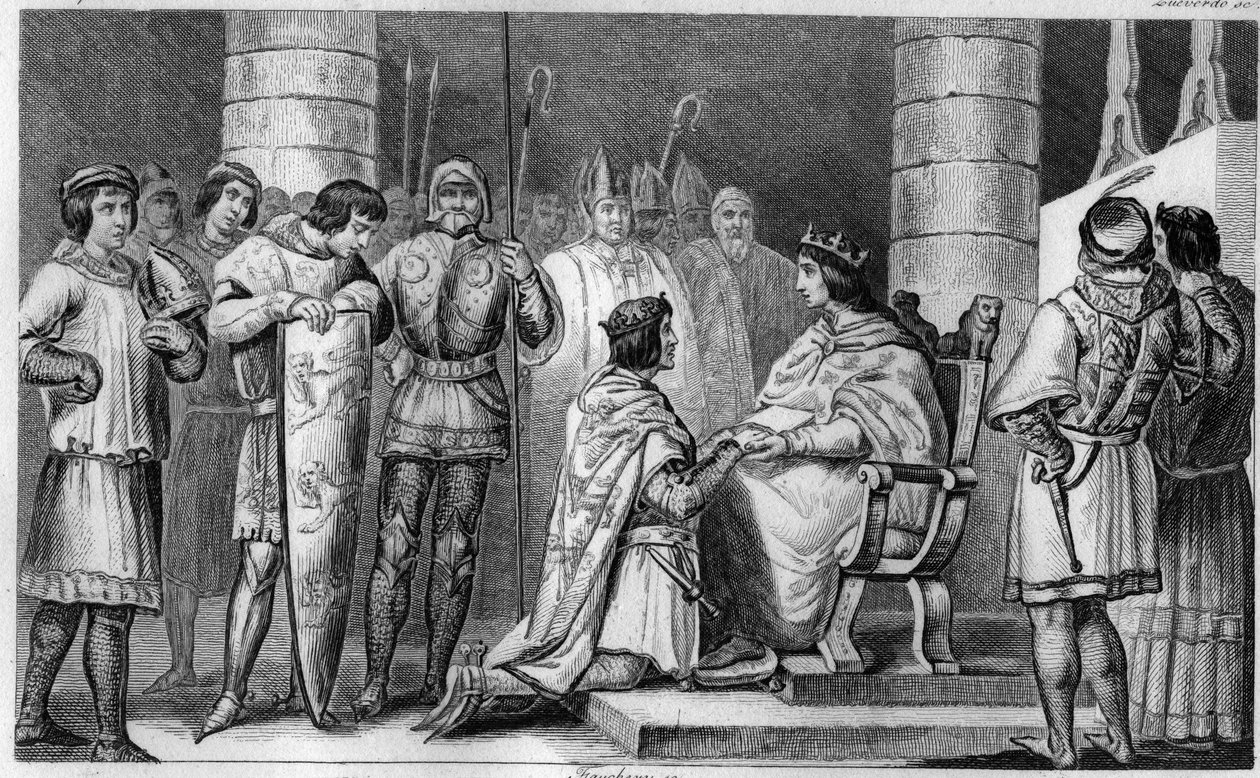 Edward III of England obliges us to pay tribute to Philip VI of Valois, in the cathedrale of Amiens in 1329 - Engraving of 1825 in “Histoire de France represented by synoptic paintings dedicated to the children of France and employee for their education” - av Ambroise Tardieu