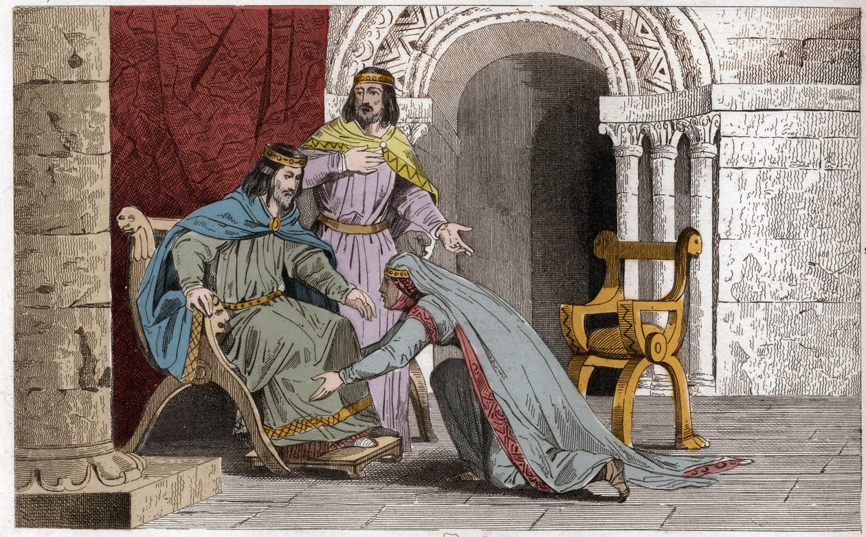Emme kysser kneet til ektemannen Raoul (d936) i anerkjennelse av hans suverenitet - Emma de France (894-934) kysser knærne til ektemannen Raoul (ca. 890-936) som hun valgte som konge under fangenskapet til Charles III the Simple - Gravering av 1825 in av Ambroise Tardieu