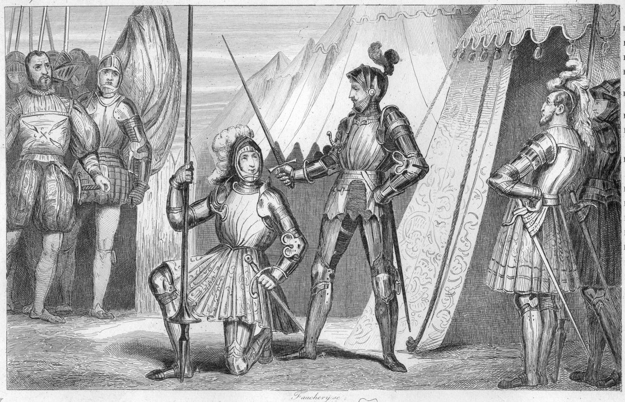 Frans I av Frankrike ber om å bli riddet av Chevalier Bayard etter seier i slaget ved Marignano, Italia av Ambroise Tardieu